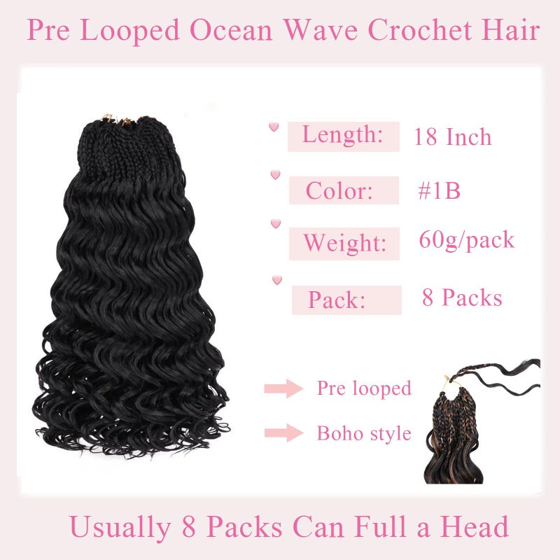 ZRQ 8 Packs Pre Looped Ocean Wave Crochet Hair 18 Inch Synthetic Braids Black Deep Wave Curly Boho Hair for Braiding Crochet Extensions Hair for Women 1B - Image 3